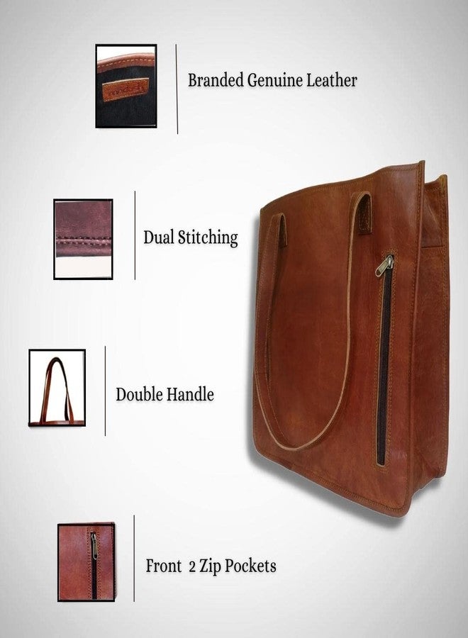 Madosh Genuine Leather Tote Bag for Women - Handmade Vintage Shoulder Bag with Double Handles, Large Capacity Office Bag, Brown Crossbody Purse with Zip Pockets - Image 3